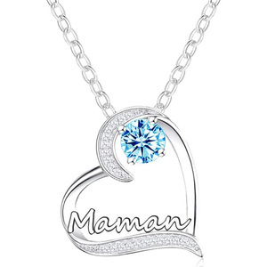Collar con Colgante de Corazón con Circonita Cúbica Azul, Inscripción Maman, Chapado en Rodio, para Mujer, Regalo - Product Image 1
