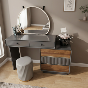 Modern Makeup <b>Vanity</b> <b>Table</b> with Lighted <b>Mirror</b> Gray Metal and Wood Storage Desk for Bedroom Furniture - Product Image 2