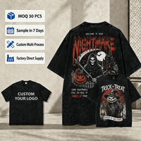 Kaos Pria Seri Halloween Thriller Panic Grafis Vintage Acid Wash 100% Katun dengan Cetak DTG Kustom Dua Sisi