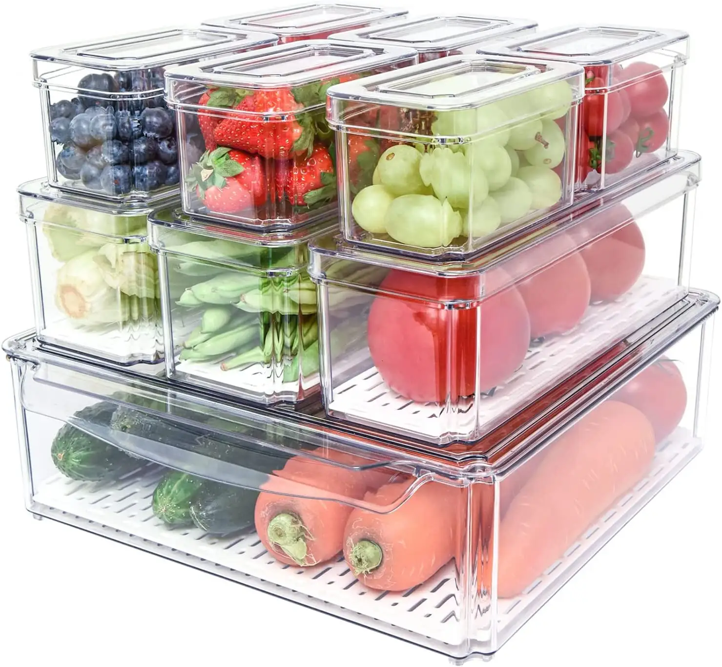 Organizer per frigorifero da 10 pezzi, contenitori per frigorifero impilabili con coperchi, contenitori per frutta per prodotti senza BPA per frigorifero