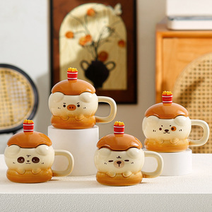 Small Animal Burger Cup with Lid with Spoon Cartoon Drink Cup with Handle Dust Proof Ceramic Couple Cup - Product Image 2