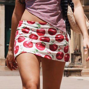 Women's Red Apple Print Low Waist Bodycon Mini Skirt with LiningSexy Summer Beach Party Skirt <b>Sweet</b> Style Short Skirt - Product Image 3