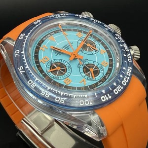 39mm Acrylic <b>Men</b> Chronograph Watch Blue Dial Orange Rubber Strap With VK63 Movement - Product Image 2