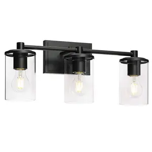 Fonte de fábrica 3 luz vanity luz vidro transparente preto fosco moderno lâmpada para banheiro
