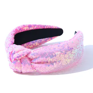 Ikat kepala wanita berkilau payet, perhiasan mewah modis bersimpul Glitter warna polos dengan kilauan skala ikan