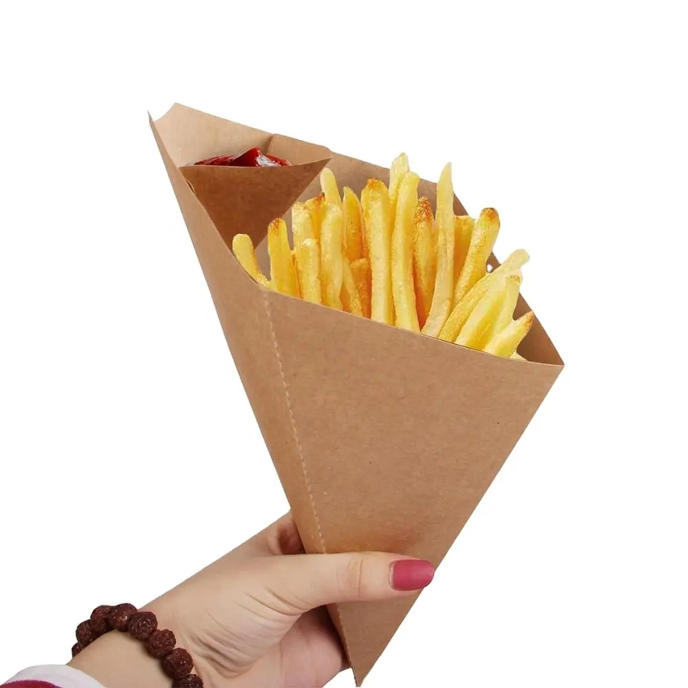 Custom Logo Printing Disposable Brown Kraft Paper cone package for french fries