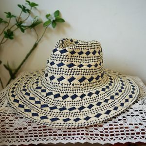 A062701 Nouveau Chapeau de Soleil en Paille à Motif pour les Vacances Bleu+Beige Chapeau <span class=keywords><strong>Jazz</strong></span> Polyvalent d'Été - Product Image 3