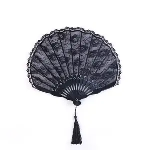 Lace Handheld Fan Chinese Folding with Tassel Portable Bamboo Silk Fan for Weddings Parties Summer Supplies
