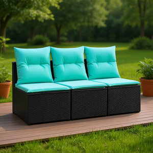Garden Sofa Set In <b>Black</b> Pe Rattan Powder Coated Steel <b>Frame</b> With Fabric Cushions For Outdoor Relaxation - Product Image 2