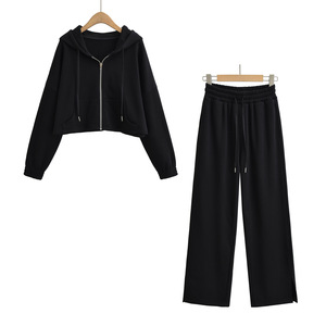 Traje de <span class=keywords><strong>2</strong></span> piezas para mujer, Sudadera con capucha de manga larga para mujer, conjuntos con logotipo personalizado, ropa de mujer, traje para correr, conjunto de pantalones de pierna ancha de cintura alta - Product Image 1