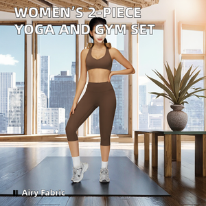 Women's Yoga Wear Fitness 2-Piece Workout Set Solid Breathable Elastic Waist Ankle-Length Pants - Product Image 2