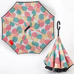 Vente de gros Parapluies droits inversés pour voitures Parapluies inversés soleil UV en forme de C, Parasol à poignée mains libres Double couche Arc-en-ciel Parapluie de recul/