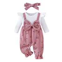 Vioyavo Ensemble Combinaison Décontractée en Laine Respirante pour Bébé Fille, Manches Longues, Imprimé Floral, Patchwork, Nœud, Bandeau, Automne