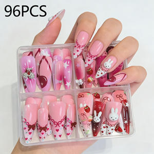 96 <span class=keywords><strong>Uñas</strong></span> Postizas de Estilo Francés Rosa, Pre-Diseñadas, Pintadas a Mano, Desmontables y Reutilizables - Product Image 1