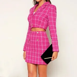 Custom Women Fashion Casual Plaid Cropped Tweed Blazer And Mini Skirt 2 Piece Set