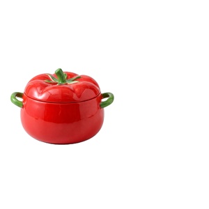 Nouveau bol à soupe en porcelaine rouge en forme de tomate de 900-1600 ml avec double anse, idéal pour les dortoirs étudiants, bol à nouilles instantanées en céramique avec couvercle - Product Image 3