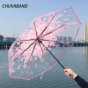 CHUVABAND 8K 3 Faltbare transparente Regenschirme Handbuch Open Sunny Rainy Umbrella für Frauen Blumenmuster Sonnenschirm