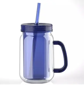 Grosir Minum Botol Mason Tumbler Mug Gelas Mason Plastik Dinding Ganda dengan Pegangan