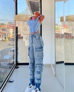 <span class=keywords><strong>Jeans</strong></span> <span class=keywords><strong>Cargo</strong></span> Casual da <span class=keywords><strong>Donna</strong></span> a Vita Alta con Tasche Multiple, Gamba Larga, Traspiranti, in Denim, Stile Dritto, Vestibilità Ampia per Estate e Inverno - Product Image 4