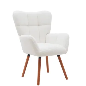 Living Room Single Accent Chair Fabric Cover Foam Seat White Accent Chair With Wood Legs