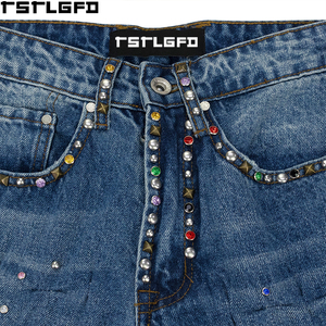 Jeans de mezclilla de corte recto para hombre, con pedrería de colores, efecto arrugado, estilo Y2K, venta al por mayor - Product Image 5