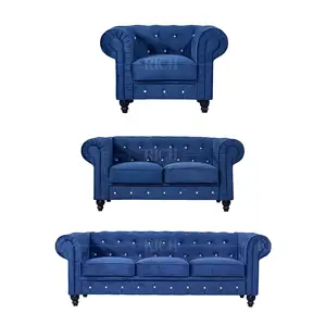 Classic Chesterfield Tufted Sofa Hotel Furniture 3 Seater Blue Velvet Office Couch Sofa Sets Living Room