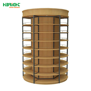Highbright Round Multi-Layer Wood Grain <b>Corner</b> Rotatable Retail Display Rack With <b>LED</b> Top <b>Light</b> for Supermarket - Product Image 1