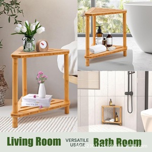 Étagère d'angle en bois à double niveau pour salle de bain, organiseur de produits de toilette, porte-savon, tabouret de douche en bois massif - Product Image 4