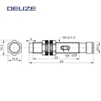 Sensor de Proximidad Capacitivo Universal DEUZE KDC12KN08P1-B3, Ajustable, 8mm, 30V DC, IP67, NPN NO, Diseño Cilíndrico, 24x24x1mm