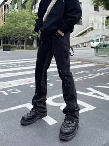 جينز مصمم حسب الطلب من المصنع الأصلي، جينز مغسول بالحجر ومُعتق بنمط الشارع، جينز مستقيم الساق وواسع مع نمط مرقع - Product Image 4