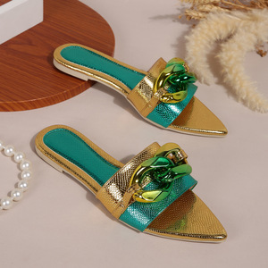 Summer Hot Selling <b>Flat</b> Ladies Slippers <b>Pointed</b> Open <b>Toe</b> Button Luxury Ladies Slippers Southeast Asia Outdoor Sandals for Women - Product Image 2