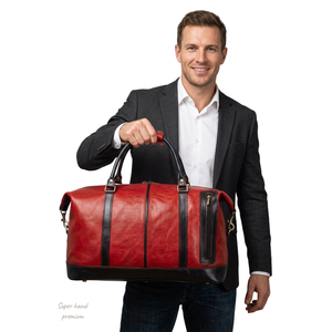 Bolsa de Viaje de Cuero Genuino de Dos Tonos con Logotipo Personalizado, Bolsa de Lona Roja de Cuero Vacuno de Grano Completo para Fin de Semana, Deportes y Viajes Cortos para Hombre - Product Image 5