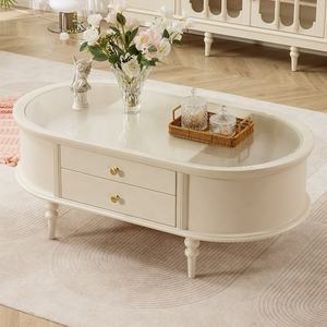 <span class=keywords><strong>Table</strong></span> à thé de Style crème française tout en bois massif pur bûche <span class=keywords><strong>Table</strong></span> basse en verre ovale salon américain petit appartement meubles - Product Image 1