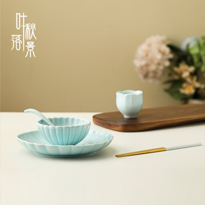 Ensemble de bols et d'assiettes en céramique gaufrée, forme de fleur, bleu clair, vaisselle de table pour usage quotidien - Product Image 3