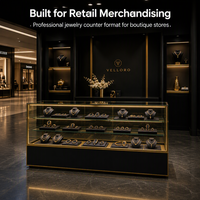 Comptoir de présentation de bijoux noir mat avec finition dorée, vitrine LED, étagères en verre pour magasin de détail