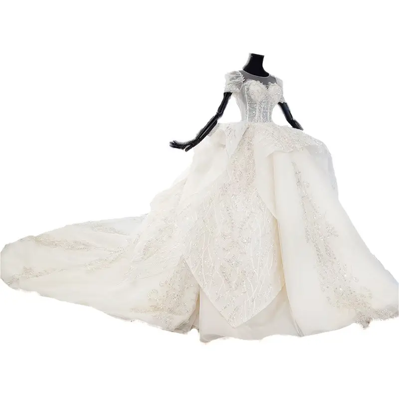 Gaun Pengantin Lengan Pendek, Gaun Pernikahan Ekor Panjang Punggung Terbuka Berenda Bunga Leher Bulat Warna Putih