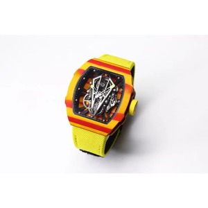 A high-end and fashionable men's <b>watch</b> with a visible dial and a carbon fiber <b>skeletonized</b> design in yellow and red - Product Image 3
