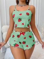 Ensemble deux pièces short à bretelles imprimé cœur en soie de lait, tenue de détente sexy, très vendu