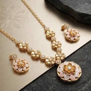 925 Silver Italian Gold Floral Necklace Set with Matching Earrings Crystal Round Brilliant <b>Cut</b> <b>Stones</b> Designer Jewelry - Product Image 3