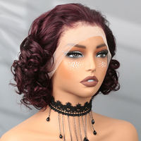 Perruque courte bouclée et rebondissante en cheveux humains vierges, couleur 99j, avec dentelle frontale 13x4, sans colle, coupe pixie, pour femmes noires