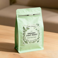 Sachet refermable à fond plat avec logo personnalisé, imprimé, pour café, avec valve et fermeture éclair, 100g 250g 500g 1kg, emballage alimentaire