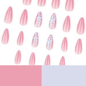 Faux ongles à presser Premium, longs, amande, rose, effet œil de chat, avec motifs feuille et fleur, scintillants, vente en gros - Product Image 3