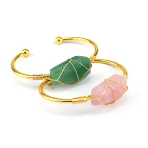 Handmade gold copper wire wound natural crystal hexagonal bracelet Original stone crystal healing bracelet for woman