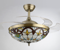 Ventilateur de plafond Tiffany Méditerranéen Mid-Century avec moteur AC, lampe LED invisible 110V, télécommande, corps métallique pour salon