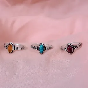 Boho TRIBAL Marquise แหวนทองเหลืองชุบเงินปรับได้กับพลอยโกเมนสีเขียวขุ่นสำหรับเครื่องประดับผู้หญิง - Product Image 1