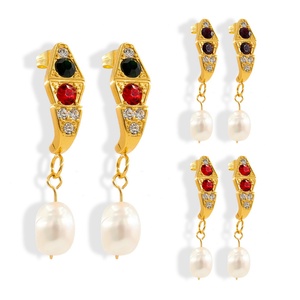 Boucles d'oreilles imperméables en acier inoxydable plaqué or, perles pendantes, cristaux rouges, verts et transparents, luxe pour femmes, mariage, fête - Product Image 3