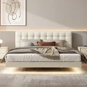 Modern Latest Design Up-holestered Floating King Bed Frame Bed Bedroom Furniture Genuine White Leather Double Bed