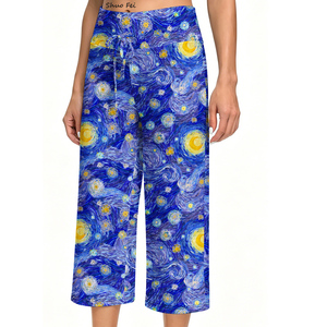 Pantalones Capri de Yoga para Mujer con Estampado Artístico de la Noche Estrellada de <span class=keywords><strong>Van</strong></span> <span class=keywords><strong>Gogh</strong></span>, Cintura Alta con Cordón, Leggings de Pierna Ancha para Gimnasio - Product Image 3