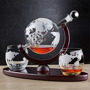 2023 Wholesale Handmade Borosilicate Glass Clear Classic Globe Shaped <strong>Decanter</strong> with Oval Wooden Base for <strong>Whiskey</strong> - Product Image 2