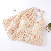 Pyjama d'été floral en pur coton sans col pour femme, ensemble caraco et short avec coussinets de poitrine, en gaze fine 121-140g/m, tenue d'intérieur douce